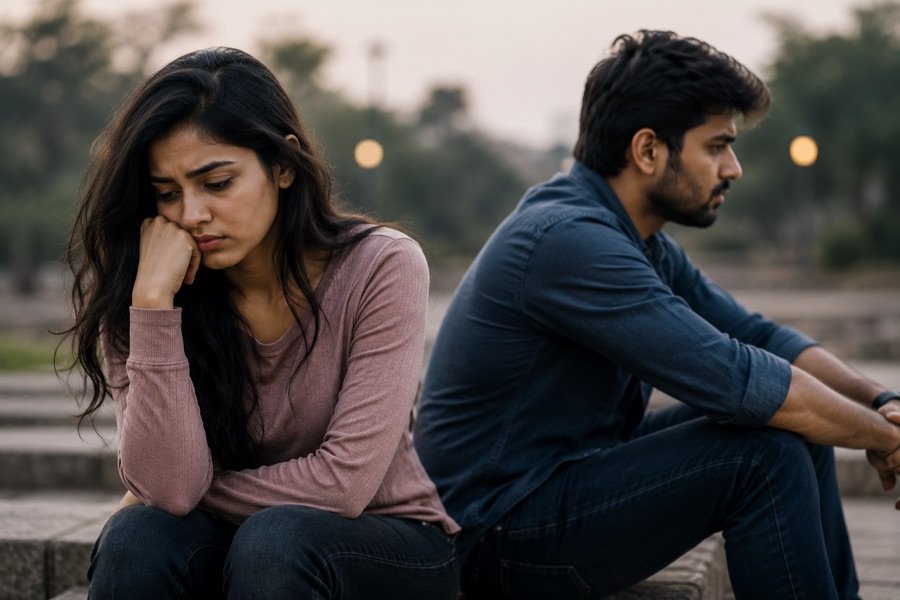 Breakup — couple sitting apart, sad