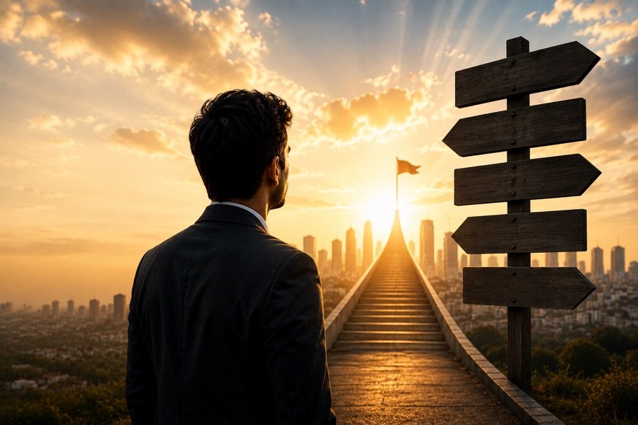 Career and job guidance — man at a crossroads looking toward the city at sunrise